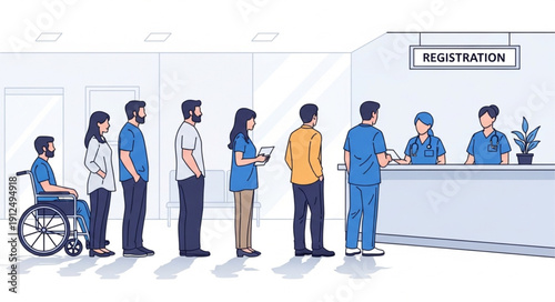 People waiting in line at a registration desk in a clinic.