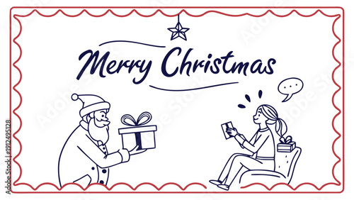 Santa Claus offering gift box to surprised woman in line Christmas with red decorative border holiday