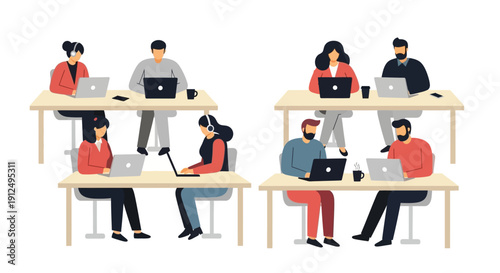 People Working on Laptops at Desks Illustration.