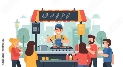 Street Food Vendor Serving Customers at Stall.