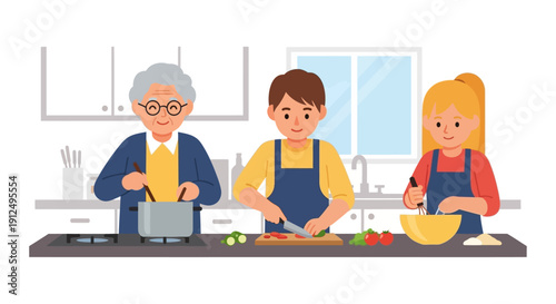 Three Generations Cooking Together in Kitchen.