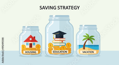 Three Jars Labeled Housing Education Vacation.