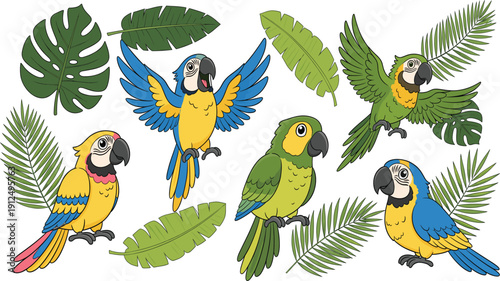 Tropical macaw and jungle foliage vector set with blue and yellow parrots and monstera leaves for rainforest branding and travel design