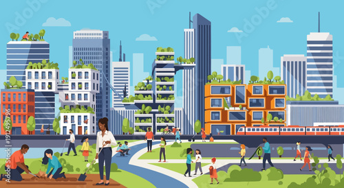 Urban Park Scene with People Relaxing.