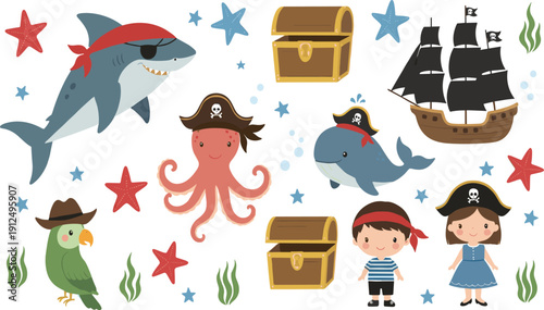 Children's pirate adventure vector megaset with pirate ship treasure chest and shark for themed parties and nursery decor