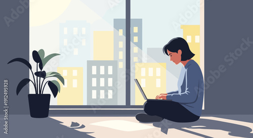 Woman Sitting on Floor Using Laptop.