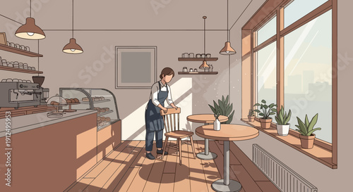 Woman Working in Modern Coffee Shop Interior.