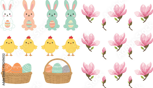 Spring Easter vector set with cute bunnies yellow chicks magnolia flowers and easter egg baskets for seasonal holiday branding and decor
