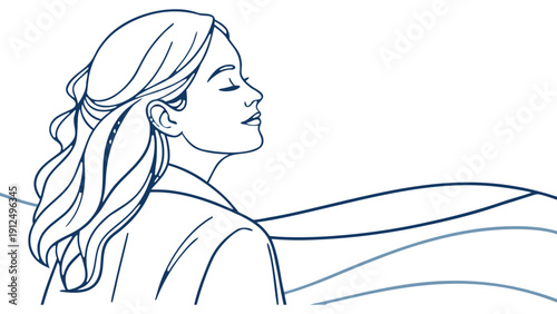 Side profile line of a woman with long wavy hair in a relaxed pose with closed eyes