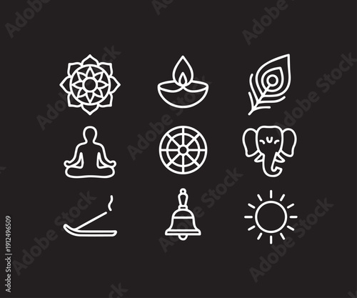 Sacred Symbols of Hinduism and Buddhism White Line Art Icons Set