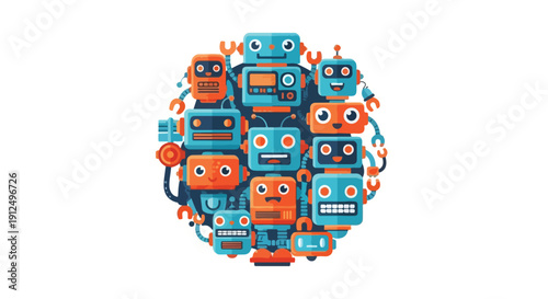 A vibrant illustration of many robots and many people depicted in a circular composition with blue and orange hues against a clean white background.