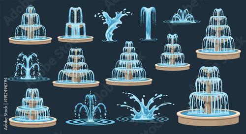 Large set of different outdoor water fountain designs with tiers and splashes for garden decoration and public park landscape.