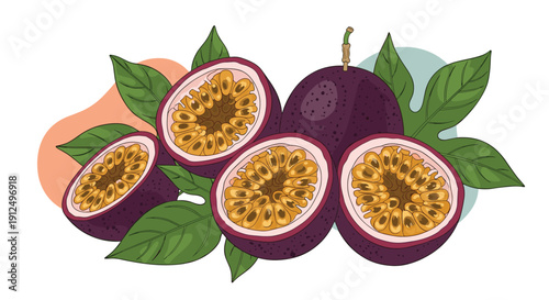 Group of whole and sliced passion fruits with green leaves and seeds on artistic background for fruit juice label.