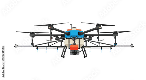 High tech agricultural spraying drone with multiple propellers and nozzles for precision farming and crop protection.