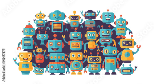 A vibrant digital illustration of many colorful robots standing together in a crowded formation against a dark background with a mix of blue, orange, and yellow hues.