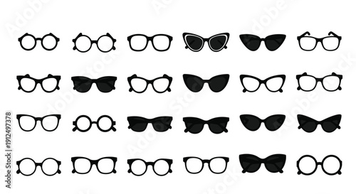 Extensive set of diverse eyeglasses and sunglasses silhouettes featuring various frame shapes and lens styles.