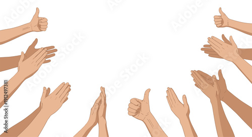 Crowd of diverse human hands clapping and giving thumbs up gestures in a circle to show appreciation and support.