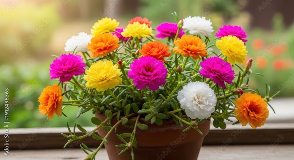 Obraz premium Colorful Moss Rose Flowers in a Pot - A Vibrant Display.