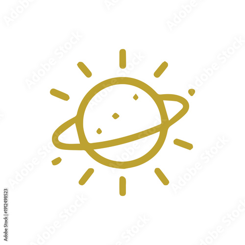 Creative Line Drawing of a Gold Starry Planet with Luminous Rays