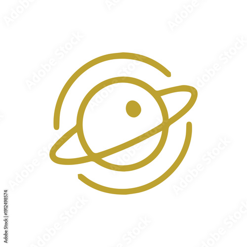 Simple Golden Celestial Body Icon With Orbital Rings On White Space