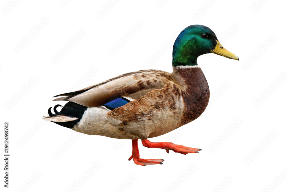 Obraz premium Male mallard duck with iridescent green head, brown body, and orange feet walking on a white background