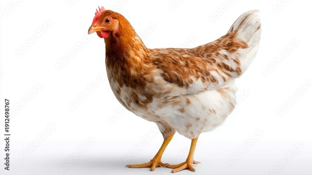 Fototapeta premium Brown and white hen standing against white background