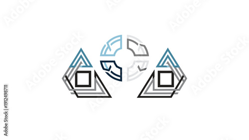 A graphic illustration of a circular arrow rotating between two triangular data symbols on a white background with a mix of blue, gray, and black colors.