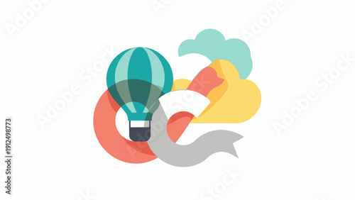 Flat design illustration of a lightbulb with colorful clouds and a ribbon on a white background with vibrant, creative mood.