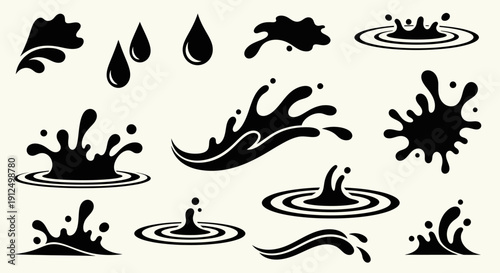 Dynamic collection of black water splashes and liquid drops silhouettes.