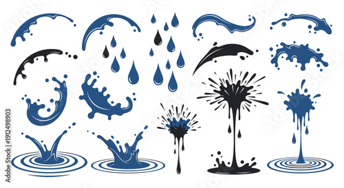Dynamic Collection of Water Splashes and Ink Blots Illustrating Fluid Motion and Impact.
