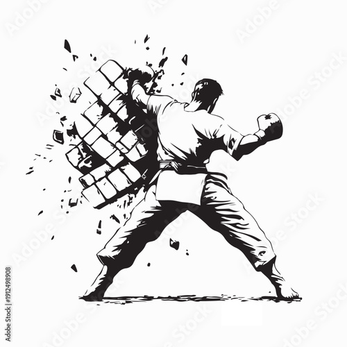 Strong Karate Fighter Smashing Brick Wall Silhouette Illustration