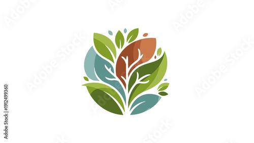 A stylized, flat lay illustration of a plant with colorful leaves in a circular composition on a white background.