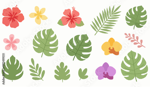 Cute tropical leaves and flowers cartoon floral collection exotic summer plant vector illustration isolated on transparent background