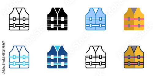 Life jacket icons set multiple style collection. Editable stroke 

