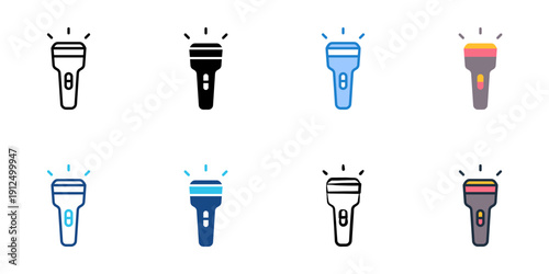 Flashlight icons set multiple style collection. Editable stroke 
