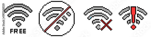 set of wifi pixel icon vector for retro connectivity graphics. Ideal for 8-bit game interfaces, vintage tech layouts, and internet signs. Symbolizes wireless networks, signal, and online status.