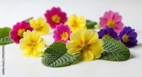Colorful Primrose Flowers on White Background - A Vibrant Floral Display.