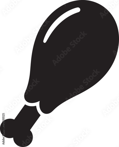 Fried Chicken Leg Icon - Black Silhouette Poultry Drumstick Vector Illustration Isolated on White Background