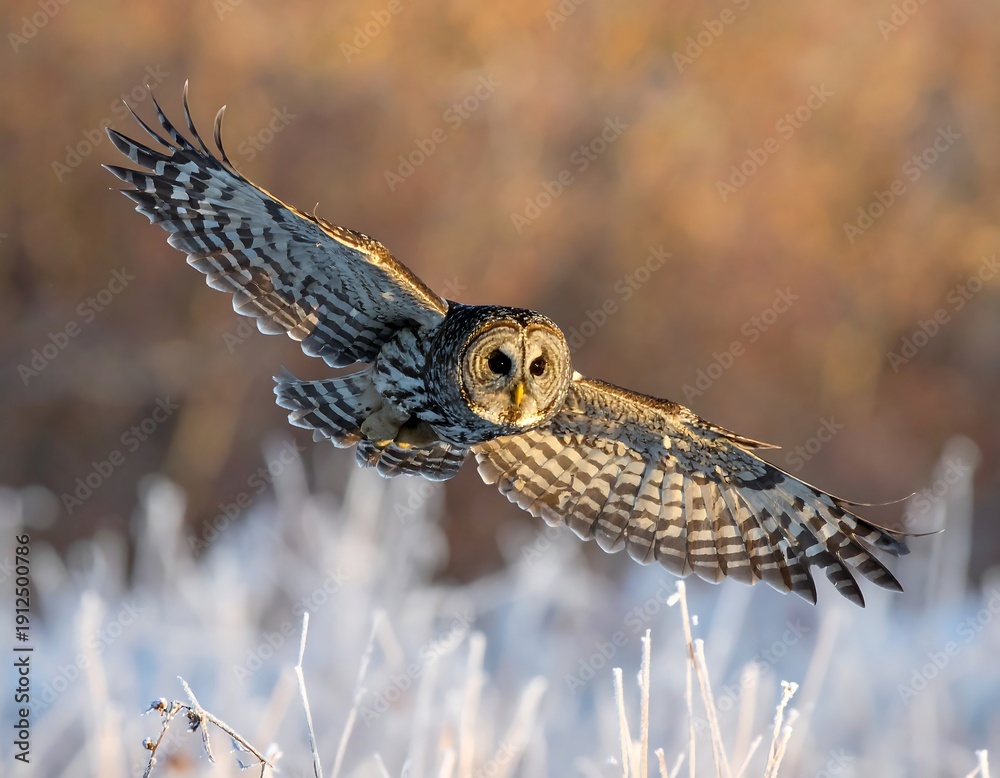 Fototapeta premium A bird in flight over frosty grass