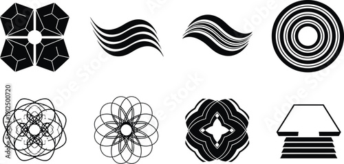 Assortment of abstract geometric shapes and swirling wave patterns create decorative and dynamic visual elements.