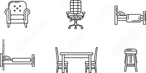 Collection of outline furniture icons represents various domestic and office seating and sleeping arrangements clearly.