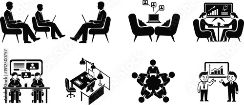 Business meeting icons depict teamwork, collaboration, presentations, and remote work settings for corporate.