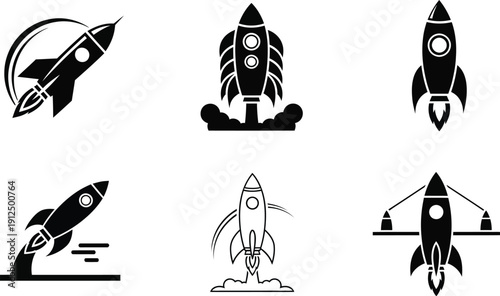 Multiple stylized rocket ship icons depict various stages of space launch, ascent, and technological breakthrough.