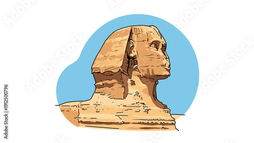 Illustration of the Great Sphinx of Giza, a large limestone statue with a human head and lion body, set against a blue circular background.