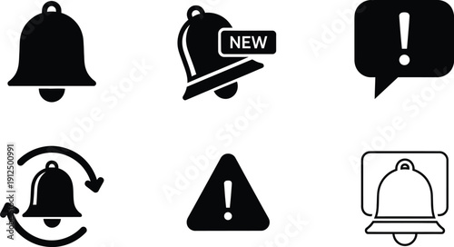 Various black and white notification bell icons depict alerts, new messages, and system warnings for user interface.