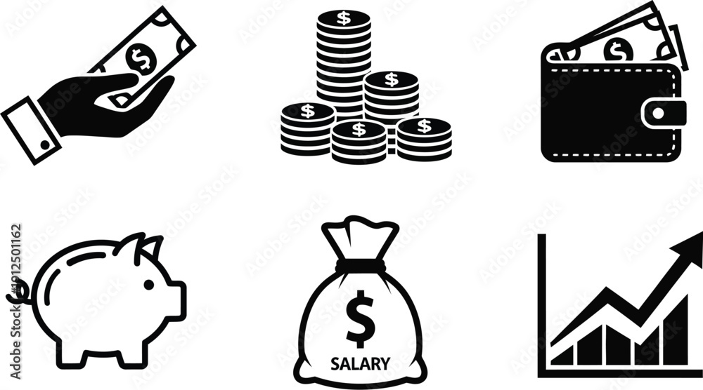Fototapeta premium Set of finance and savings icons illustrating concepts of payment, investment growth, monetary assets, and salary.