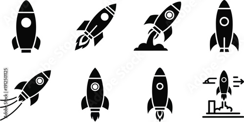 Various black silhouette icons depicting rockets in ascent, demonstrating concepts of fast launch, exploration, speed.