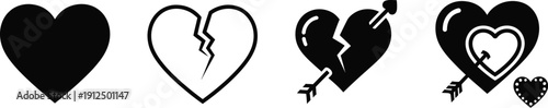 Four heart symbols in black and white show a progression from a full heart to one pierced by an arrow representing.