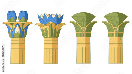 Illustration of four ancient Egyptian-style columns with blue and green floral capitals on golden bases against a white background.