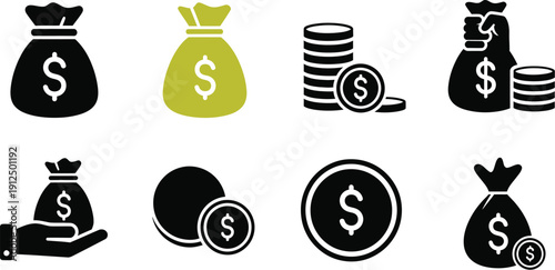 Various icons representing money, including dollar signs on bags and stacks of coins, illustrate financial concepts.